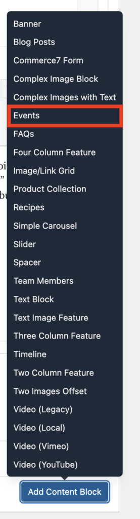 Adding an Events block