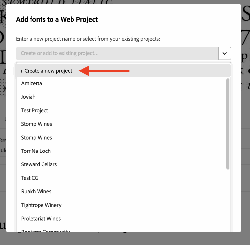 Adobe Fonts create project