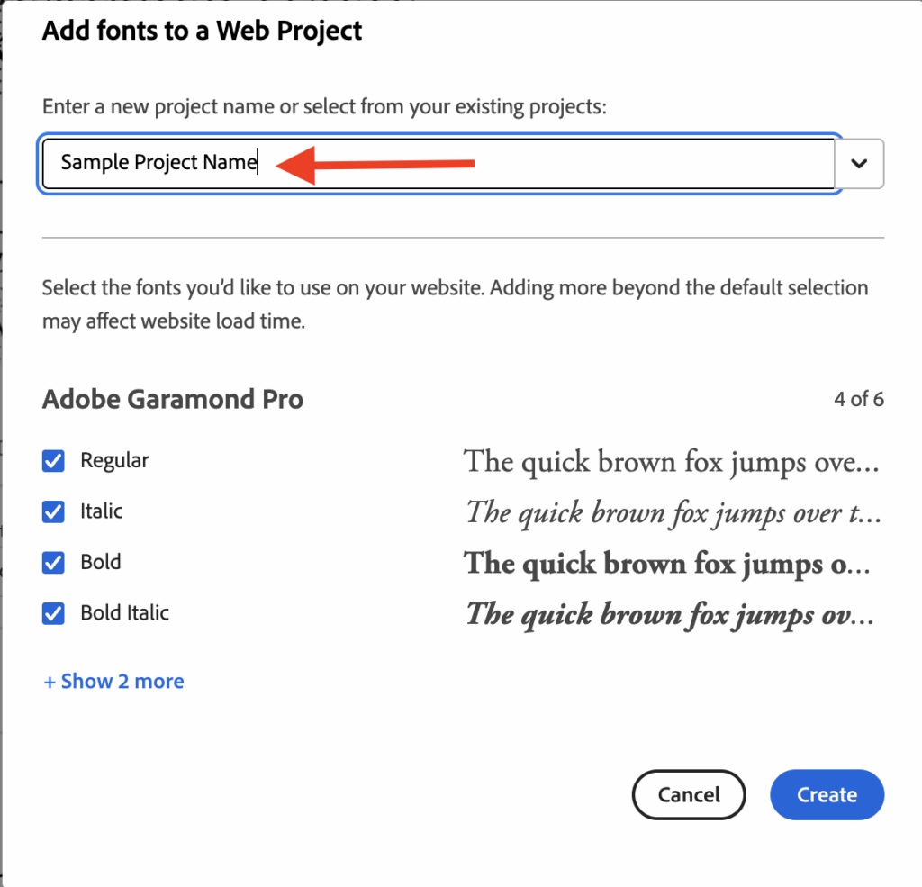 Adobe Fonts project name and specific font options
