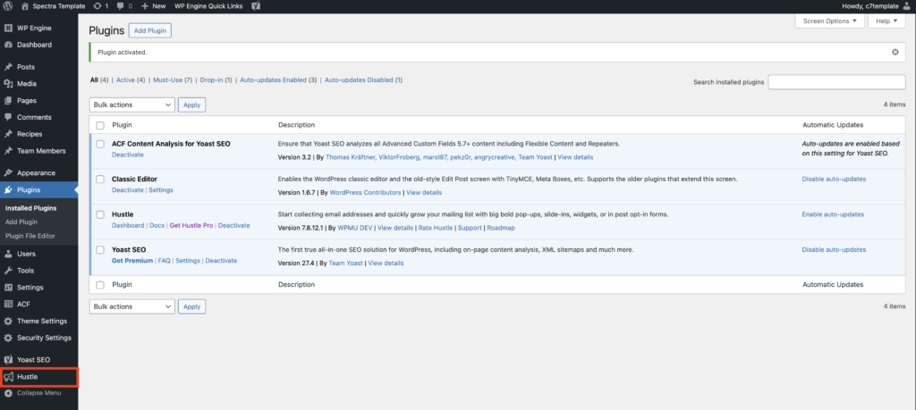 Hustle section in WordPess